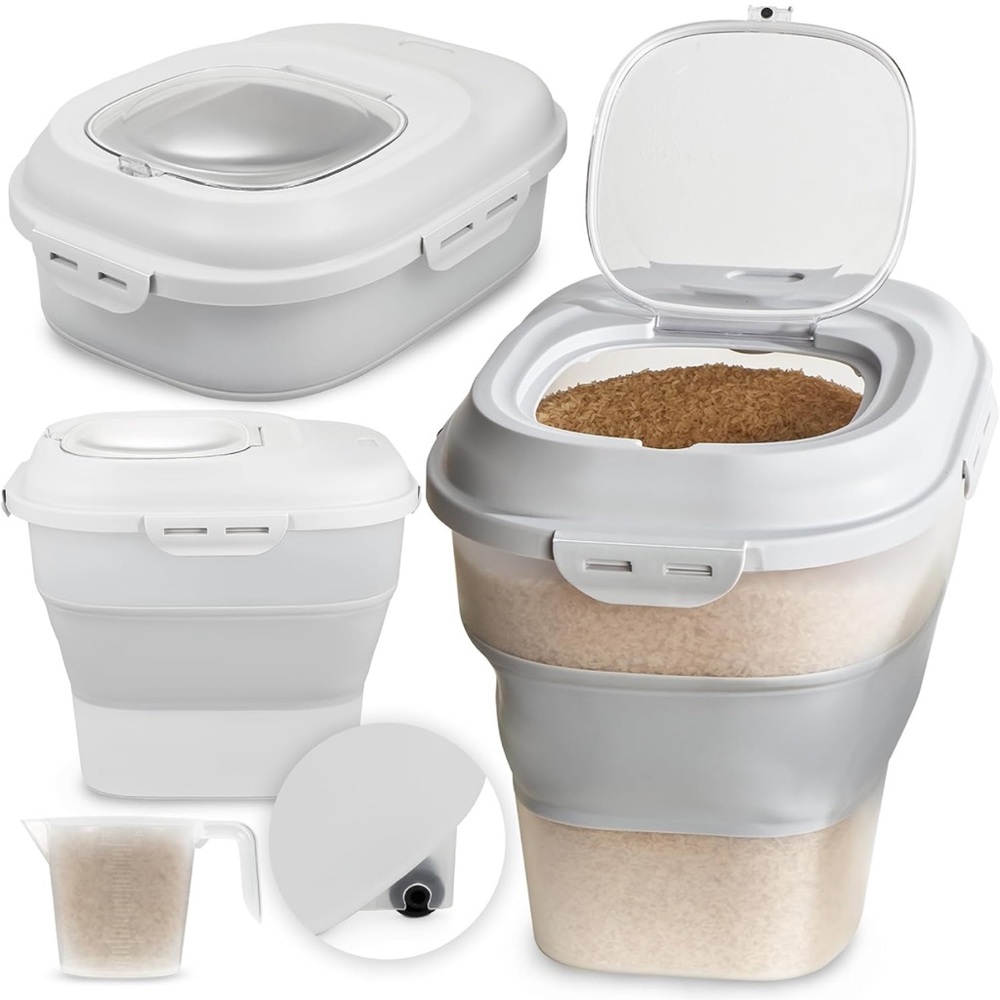 Rice Container 50 Lbs - Collapsible Large Food Container with Wheels - Rice Disp